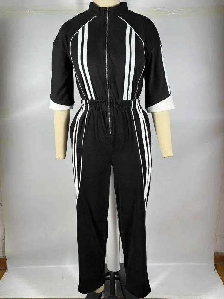 Women Jumpsuits For Spring 3/4 Sleeve Print Stripe Loose Fashion Streetwear Overalls Wide Leg Pants Trousers 2025 Summer