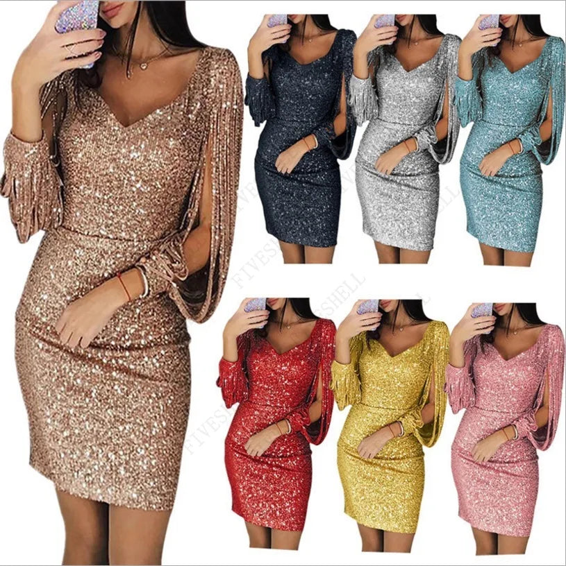 Spring Plus Size Dresses for Women Y2K V-neck Tassel Bag Hip Vestidos Sequins Flapper Design Fashion Party Costumes