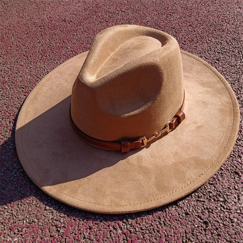 Suede fedora hat with same color accessories teardrop top wide brim hat for men and women Panama hat chapeau homme sombrero