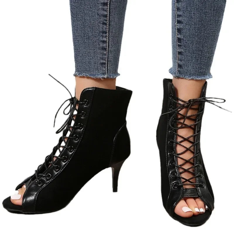 Hollow Mesh Lace-Up High Heel Boots