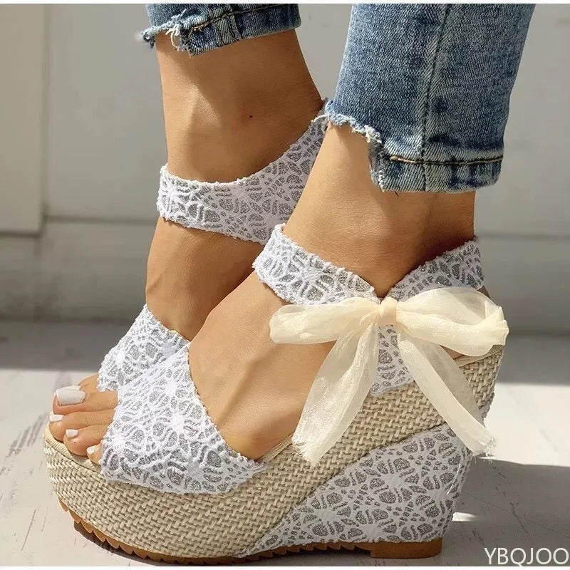 Summer New Fashion Slope Heel Fish Mouth Women's Sandals Party Lace Lace Strap Waterproof Platform Thick soled High Heels