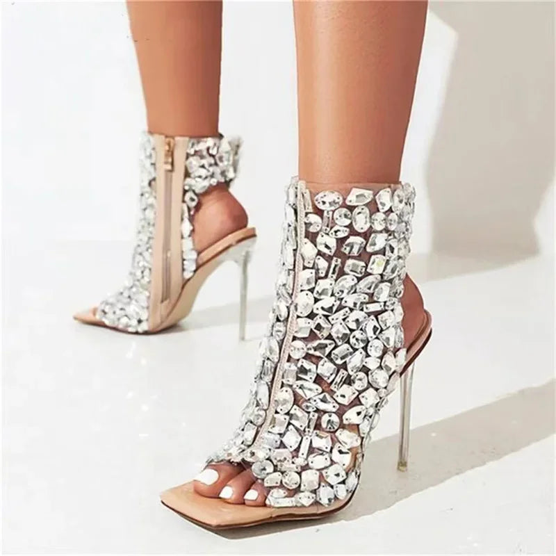 Brand Design 2023 New Crystal/rivet Zipper Sandals Stage Banquet Nightclub High Heels Women Shoes Apricot Silver Dress Matching