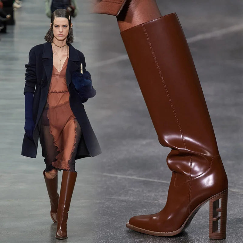 Pointed Toe Leather Knee High Boots