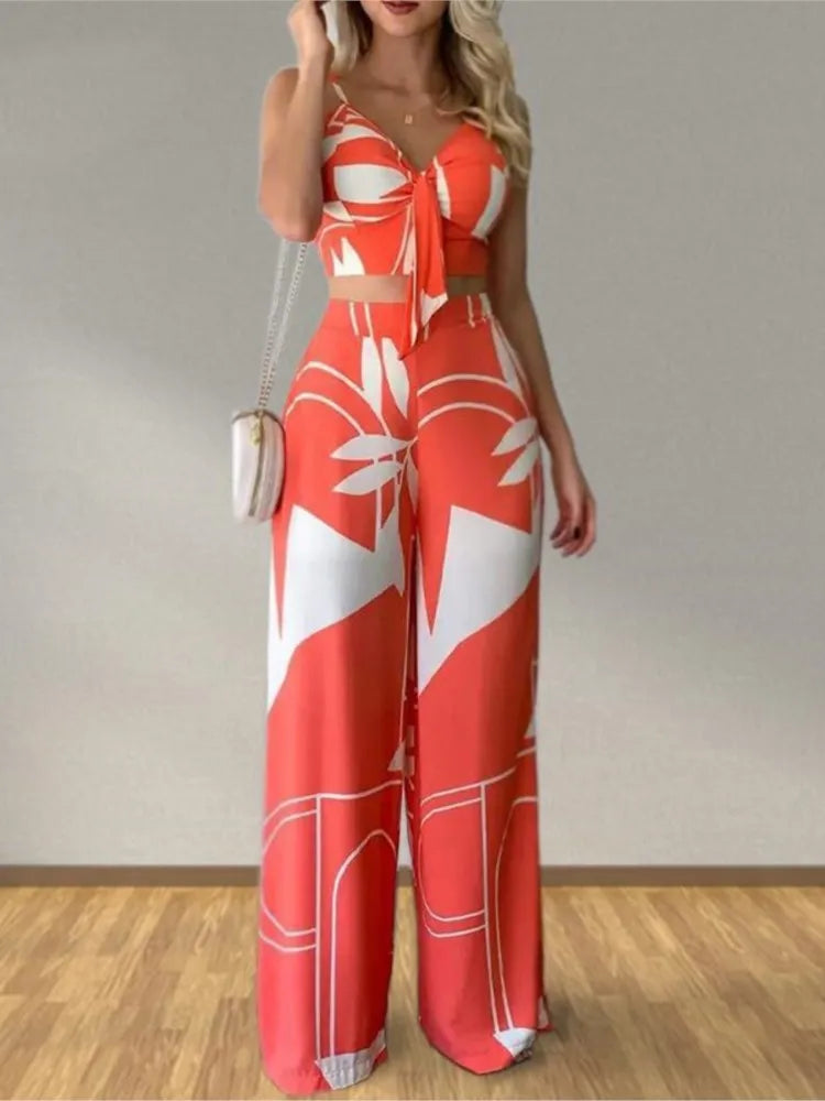 Elegant Two Piece Outfits For Women 2025 Sexy V-Neck Strap Backless Lace-up Slim Crop Top & Wide Leg Pants Sets Summer Lady Suit