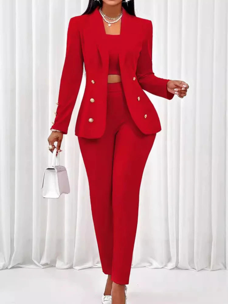 3 Piece Strapless Crop Top Collar Coat & Pants Set