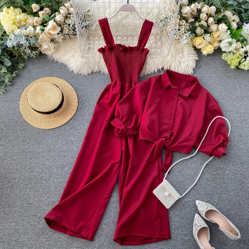 2025 Two Piece Sets Womens Outfits Skirt Suit Roupas Femme Short Sleeve Crop Blouse High Waist Pleated Jumpsuit Korean Y2k Set