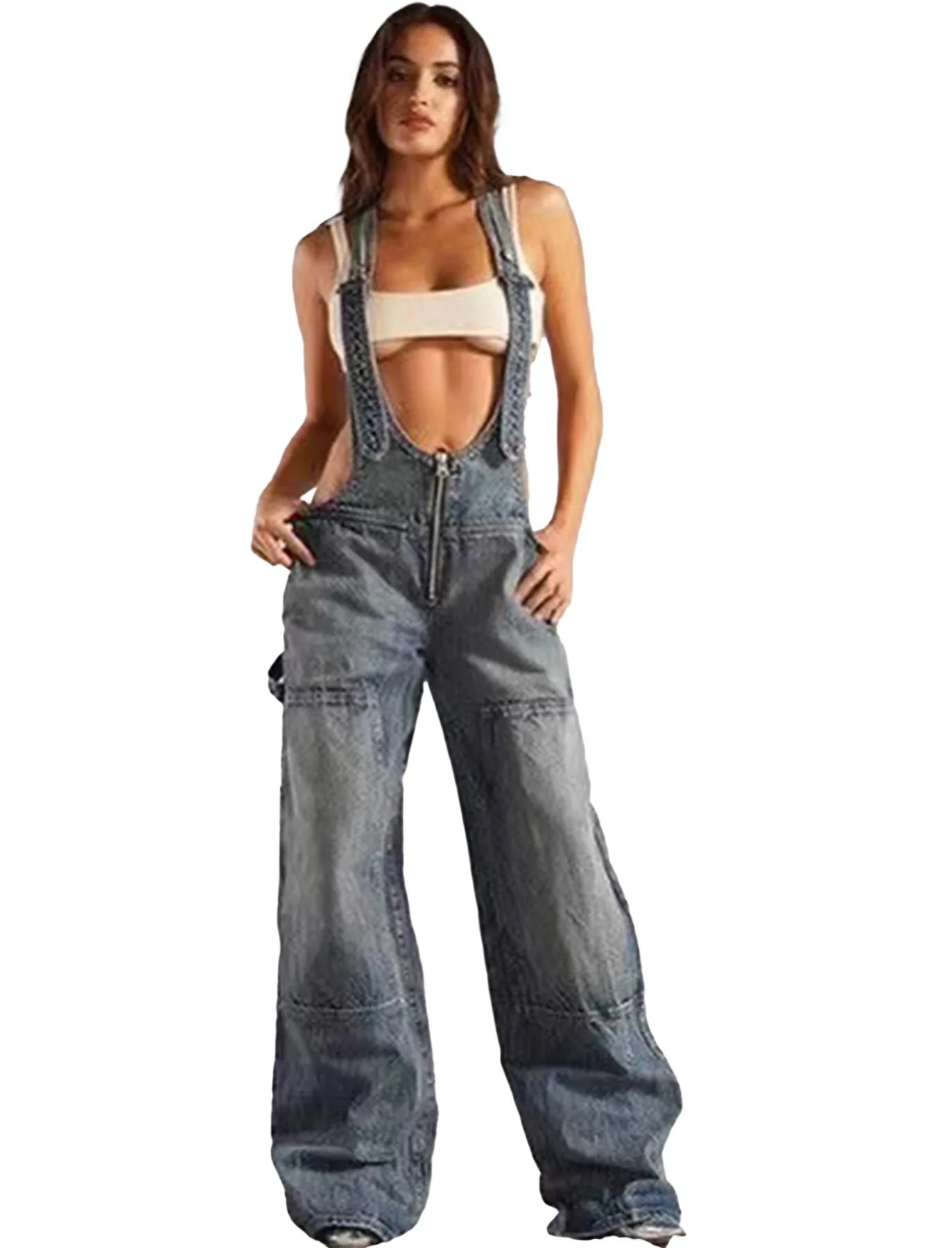 Street Style Sexy Low Waist Strap Jumpsuit Wide-leg Jeans New Personalized Hot Girl Trousers Fashionable Loose Jeans