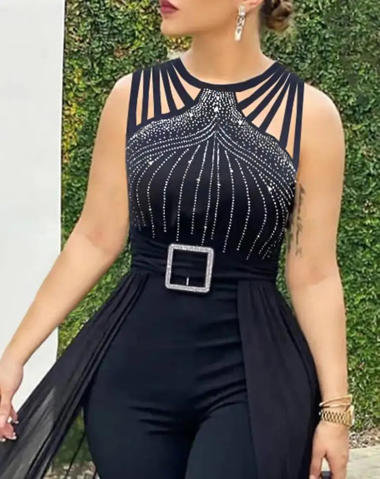 Rhinestone Sheer Mesh Daily Casual Jumpsuit