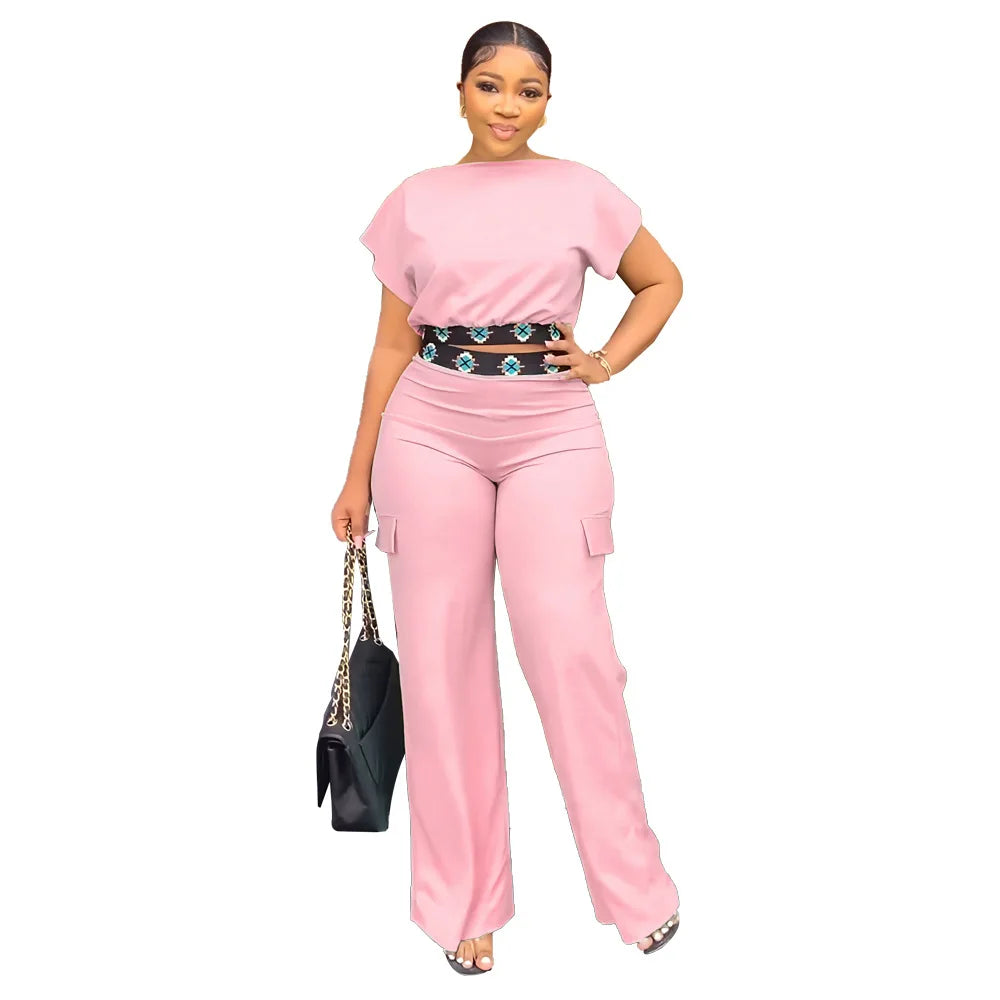 Two Piece Sets Women Outifit 2025 Summer Fashion Geometric Print Boat Neck Short Sleeve Crop Top & Casual Pocket Daily Pants Set