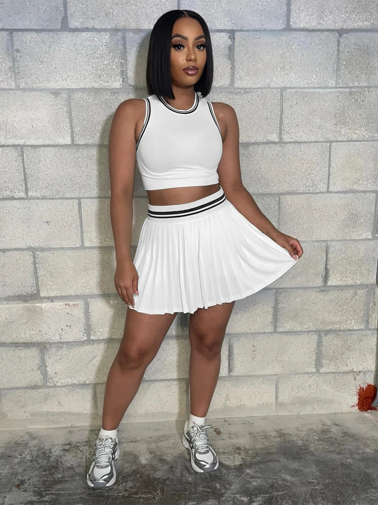 Fashion Women Sets Sleeveless Crop Top Pleated Skirt Suit 2025 Summer Cute Beach Club Knitted Two 2 Piece Set Outfits Tracksuit
