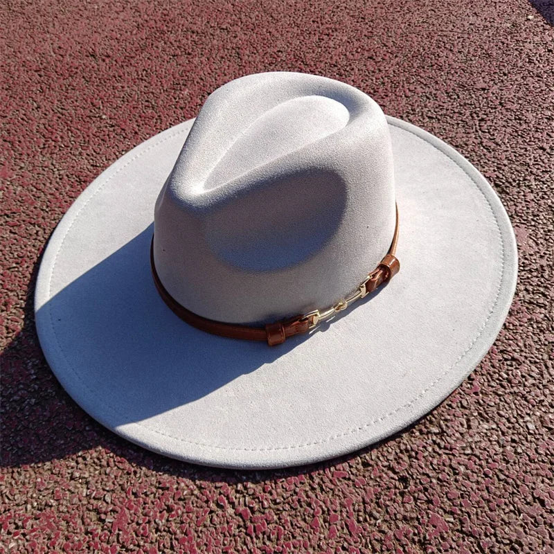 Suede fedora hat with same color accessories teardrop top wide brim hat for men and women Panama hat chapeau homme sombrero