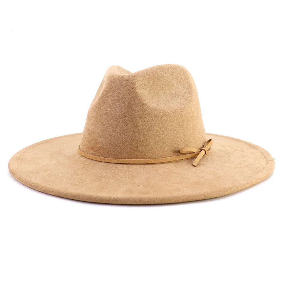 Suede fedora hat with same color accessories teardrop top wide brim hat for men and women Panama hat chapeau homme sombrero