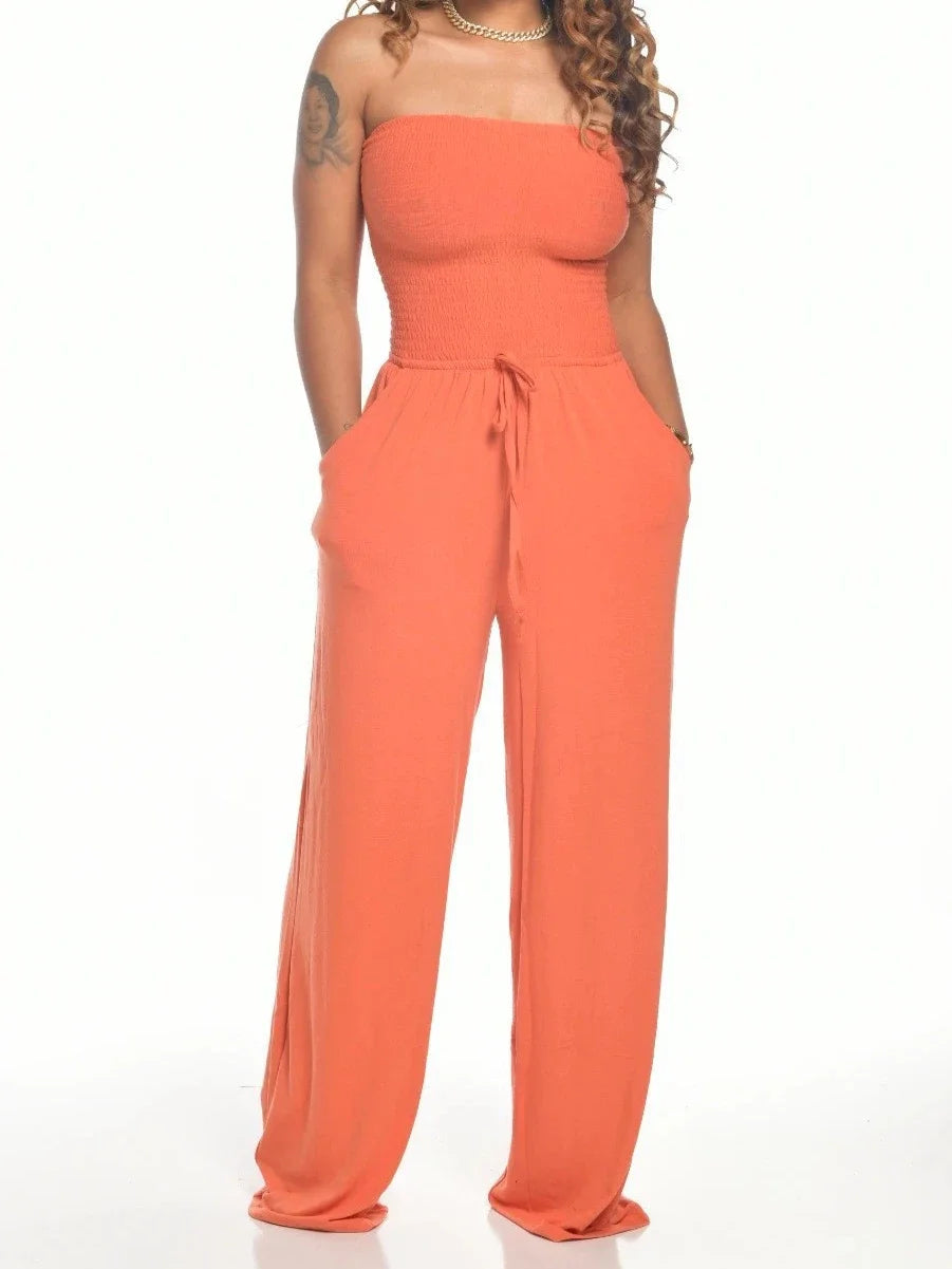 Jumpsuits Women Bodysuit One Pieces Outfits Romper Sexy Flat Shoulder Wrapped Chest Wide Leg Siamese Summer Female Clothing