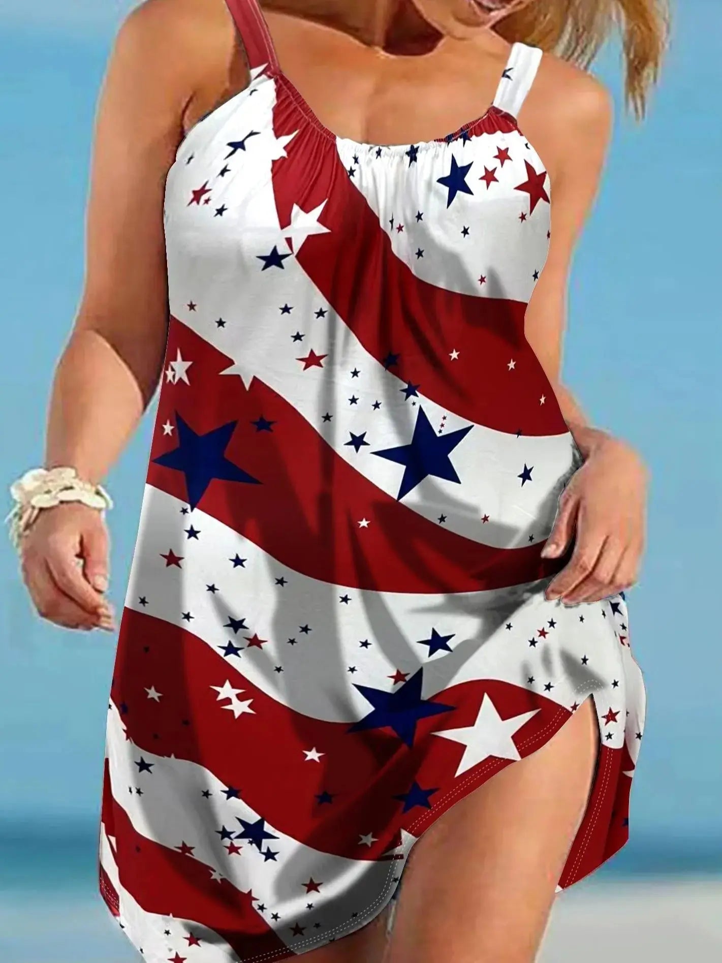 Plus Size Star Print Slip Dress Casual Sleeveless Crew Neck Dress For Spring & SummerWomen's Plus Size Clothing