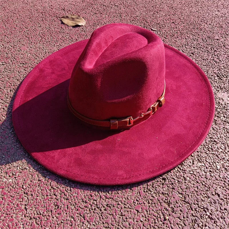 Suede fedora hat with same color accessories teardrop top wide brim hat for men and women Panama hat chapeau homme sombrero