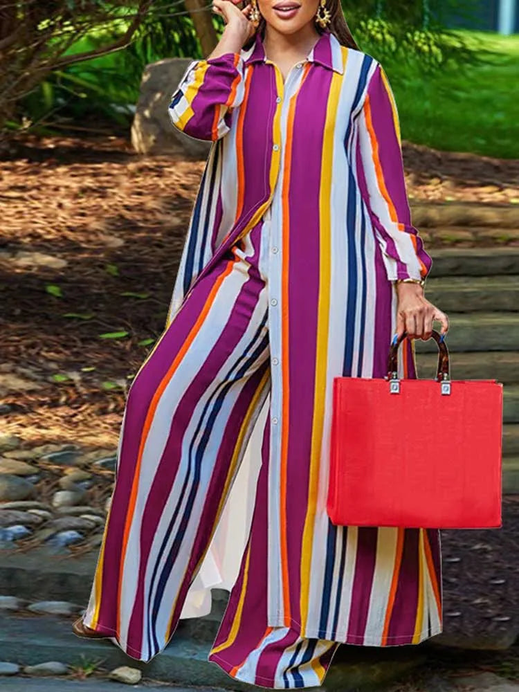 Elegant 2-piece Sets for Women Fall Winter Outfits Pants Suit with Long Shirt Blouse Full Sleeve Striped Plus Size Matching Sets