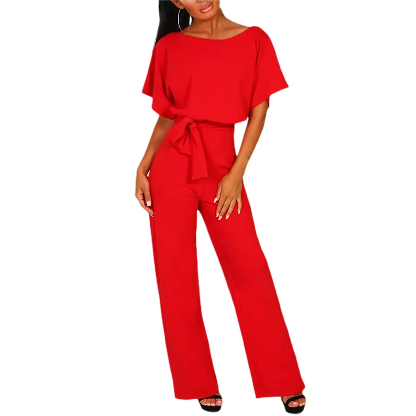 Women Daily Fashion Versatile Jumpsuit Sexy Solid Color Jumpsuit V-Neck Short Sleeve Open Back High Waist Elastic Loose Jumpsuit