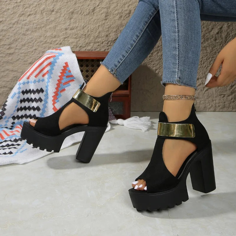 Open Toe Cutout Platform Rear Zipper Non-Slip Block Heels