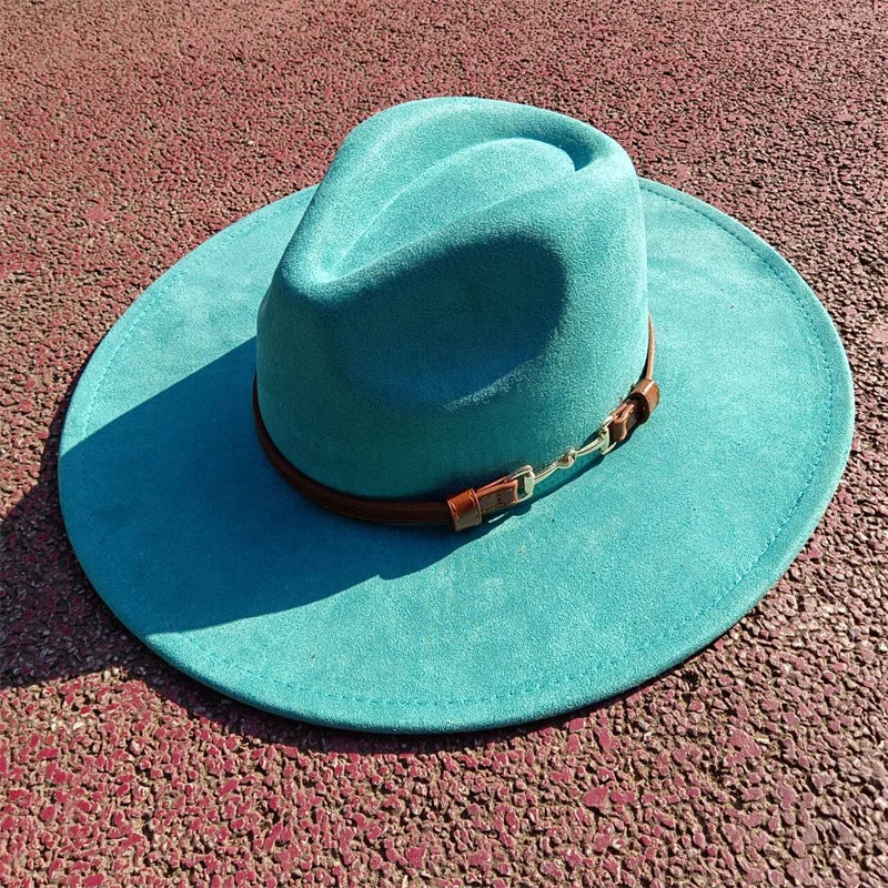 Suede fedora hat with same color accessories teardrop top wide brim hat for men and women Panama hat chapeau homme sombrero