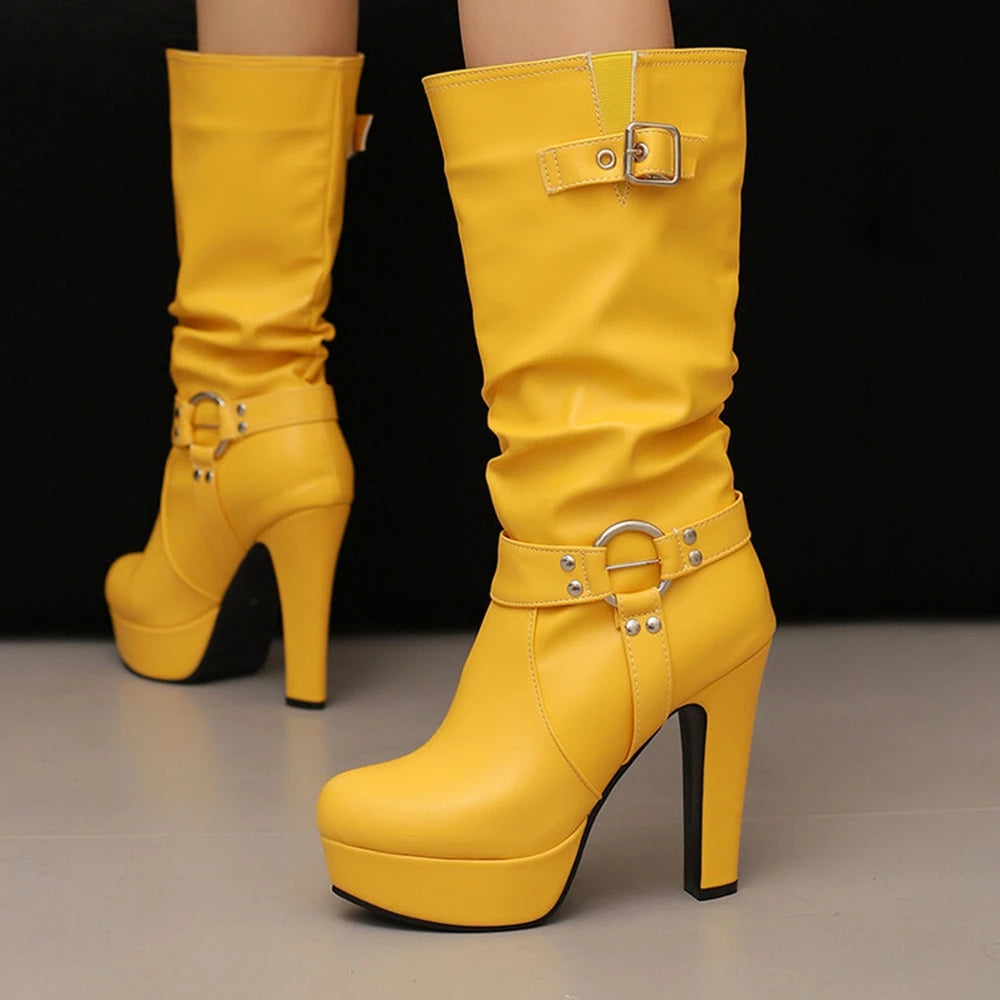 Botines Mujer Fashion Round Toe High-heeled Mid Calf Boots Pleated Waterproof Platform Dress Thick Heel Set Women Boots 338-45