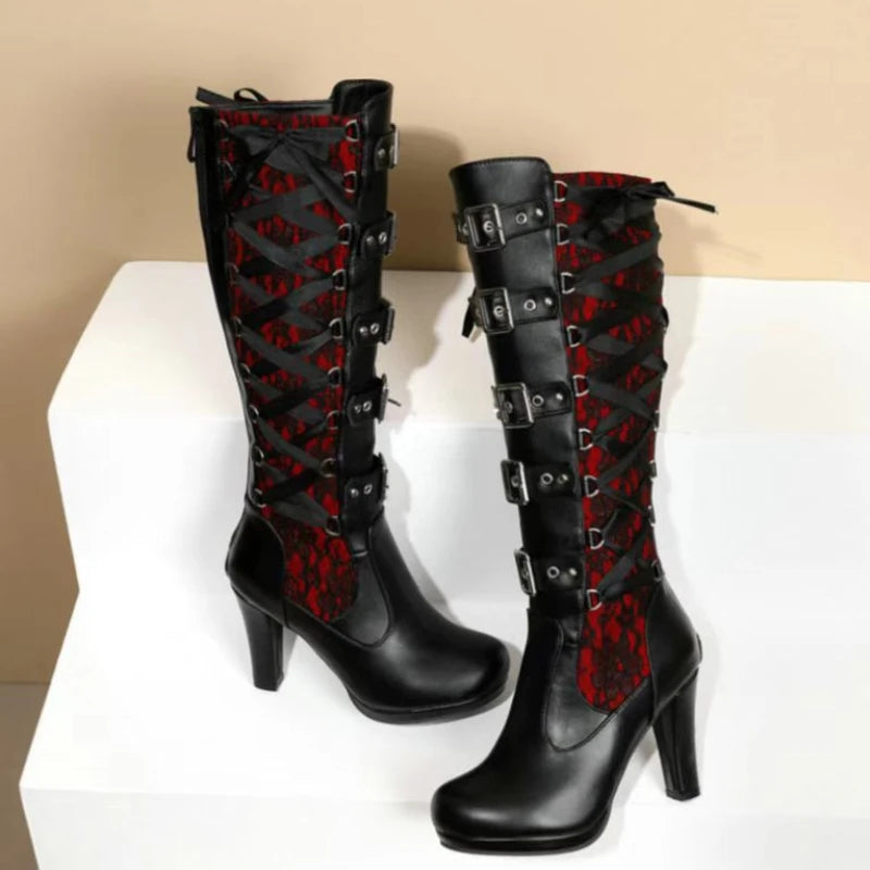 High-heeled boots Platform Boots for Women Lace Up Chunky High Heel Mid Calf Boots Narrow Band Bow Knot Goth Gothic Shoes 2025