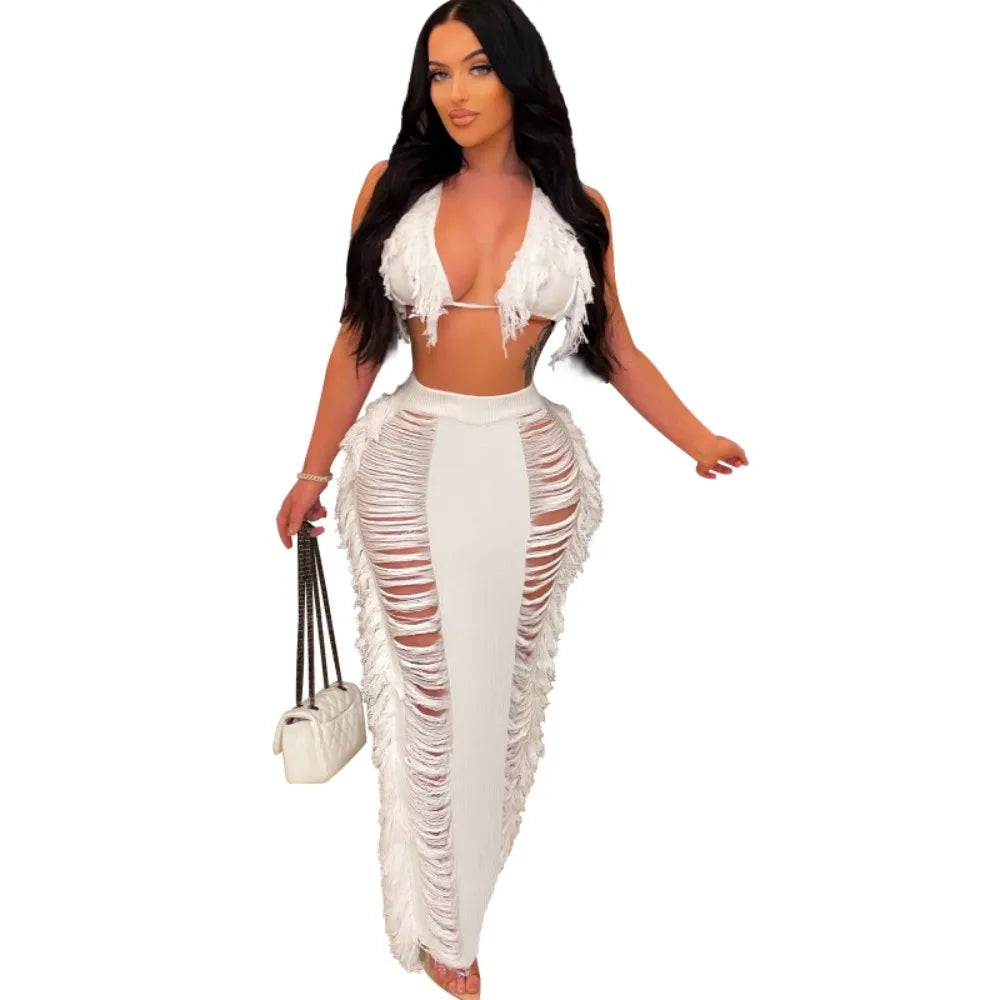 Sexy Bra Crop Top Pants Hollow Out Set