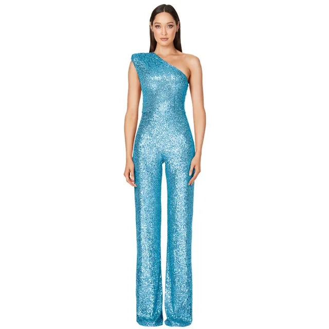Women Elegant Long Jumpsuits Sexy Glitter Sequin Club Ladies Playsuits Slanted Collar Party Fashion Backless Solid Romper 2024