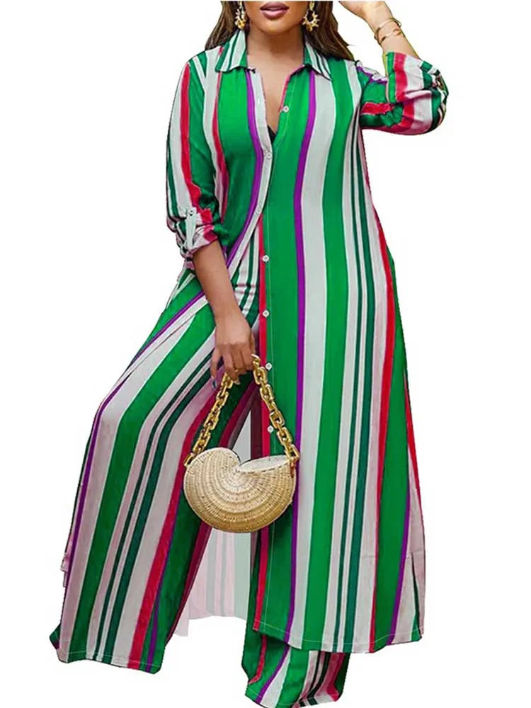 Elegant 2-piece Sets for Women Fall Winter Outfits Pants Suit with Long Shirt Blouse Full Sleeve Striped Plus Size Matching Sets