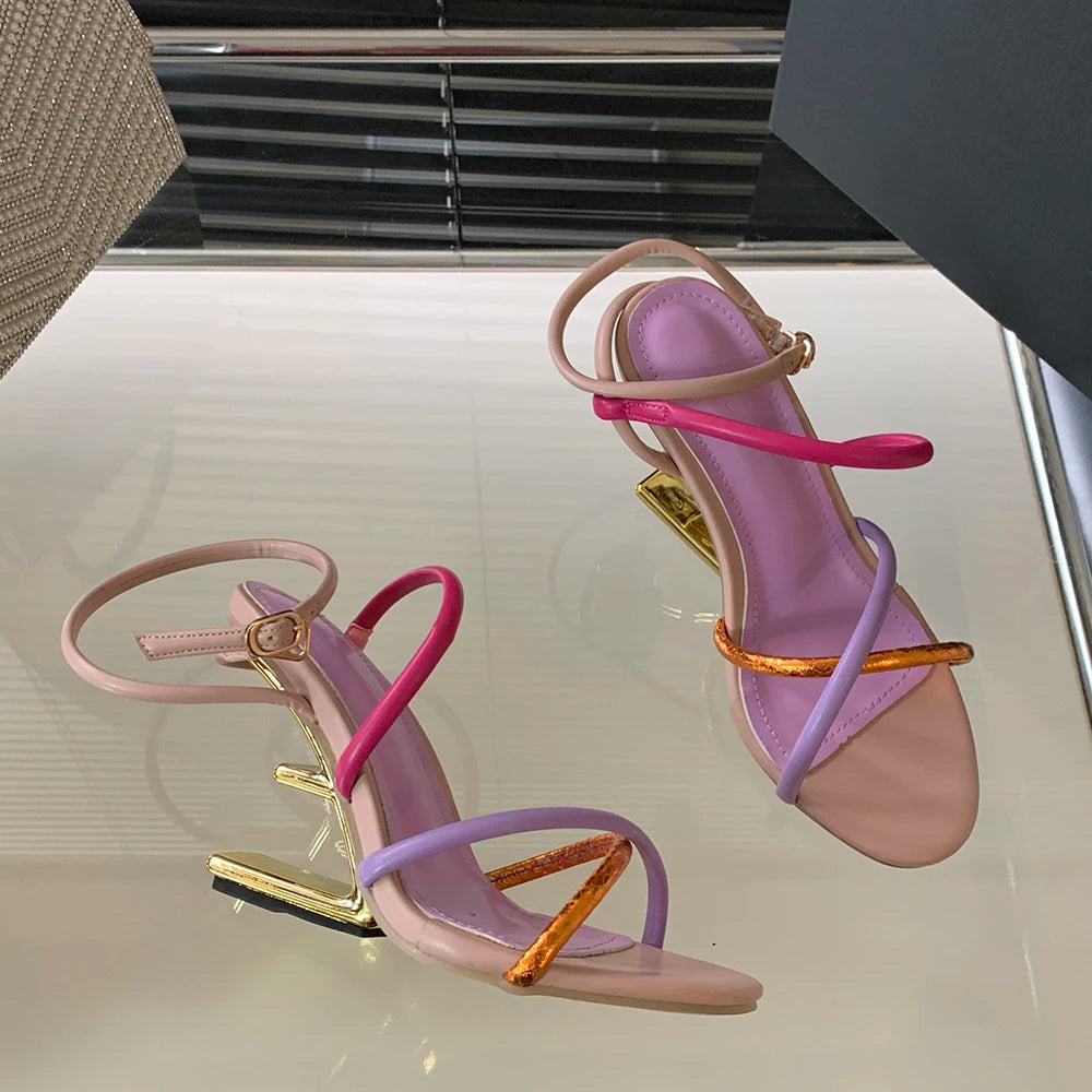 Aneikeh Summer Fashion Fretwork Heels Cross Striped Color Blocked High-heeled Sandals Women Ankle Buckle Strap Gladiator Shoes