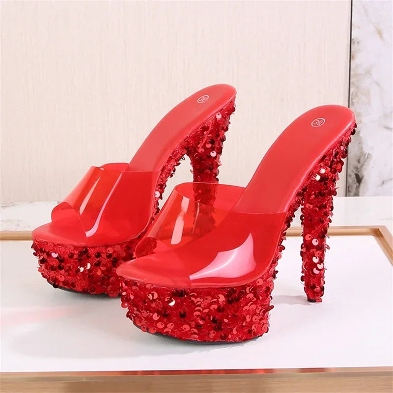 Eilyken Sexy Sequined Cloth Peep Toe PVC Transparent Women Slippers Platform Stiletto High Heels Stripper Party Shoes
