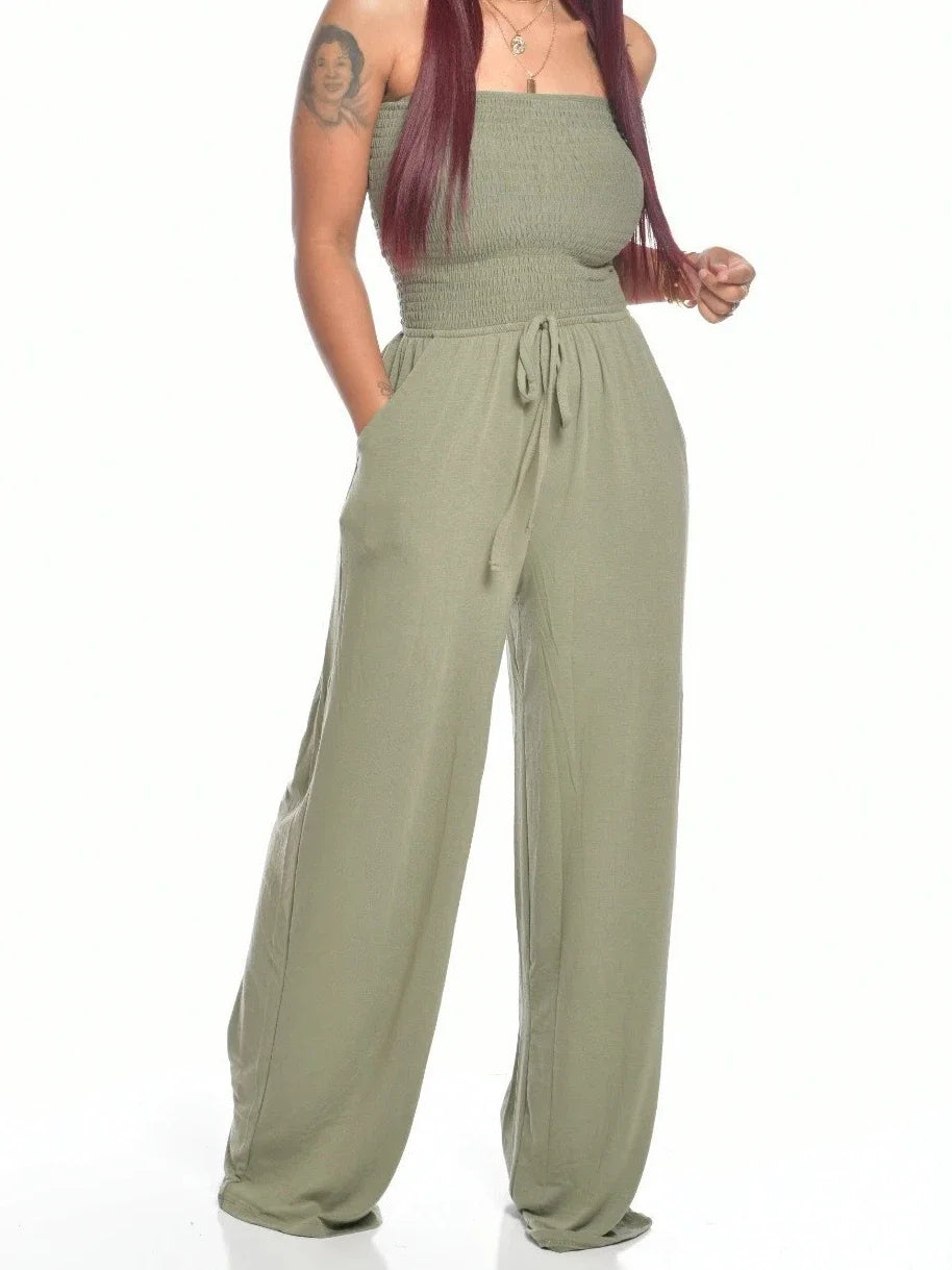 Jumpsuits Women Bodysuit One Pieces Outfits Romper Sexy Flat Shoulder Wrapped Chest Wide Leg Siamese Summer Female Clothing
