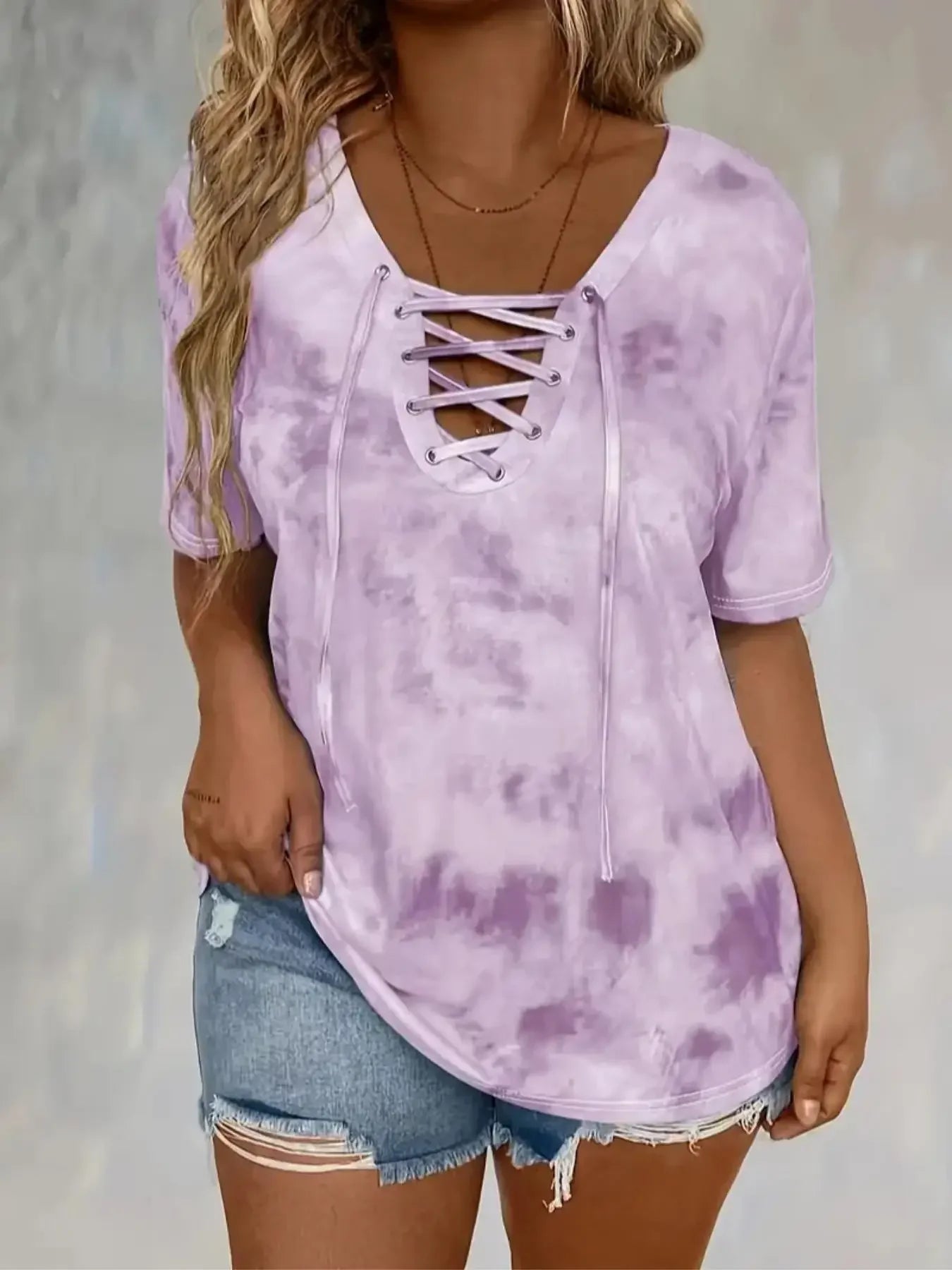 Women's Plus Size 1XL-5XL Fashion Tie Dye Print Loose Fit Tee with Lace-Up Short Sleeve T-Shirt Ladies Casual Drape Neck T-shirt