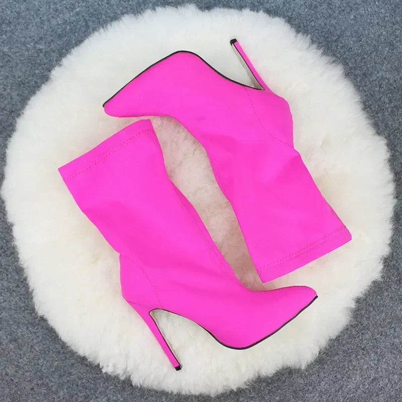 Autumn Winter Socks Boot Women High Heels Sexy Shoes Plus Size Pointed Toe Solid Color Stretch Ankle Boots Femmes Bottes 2024