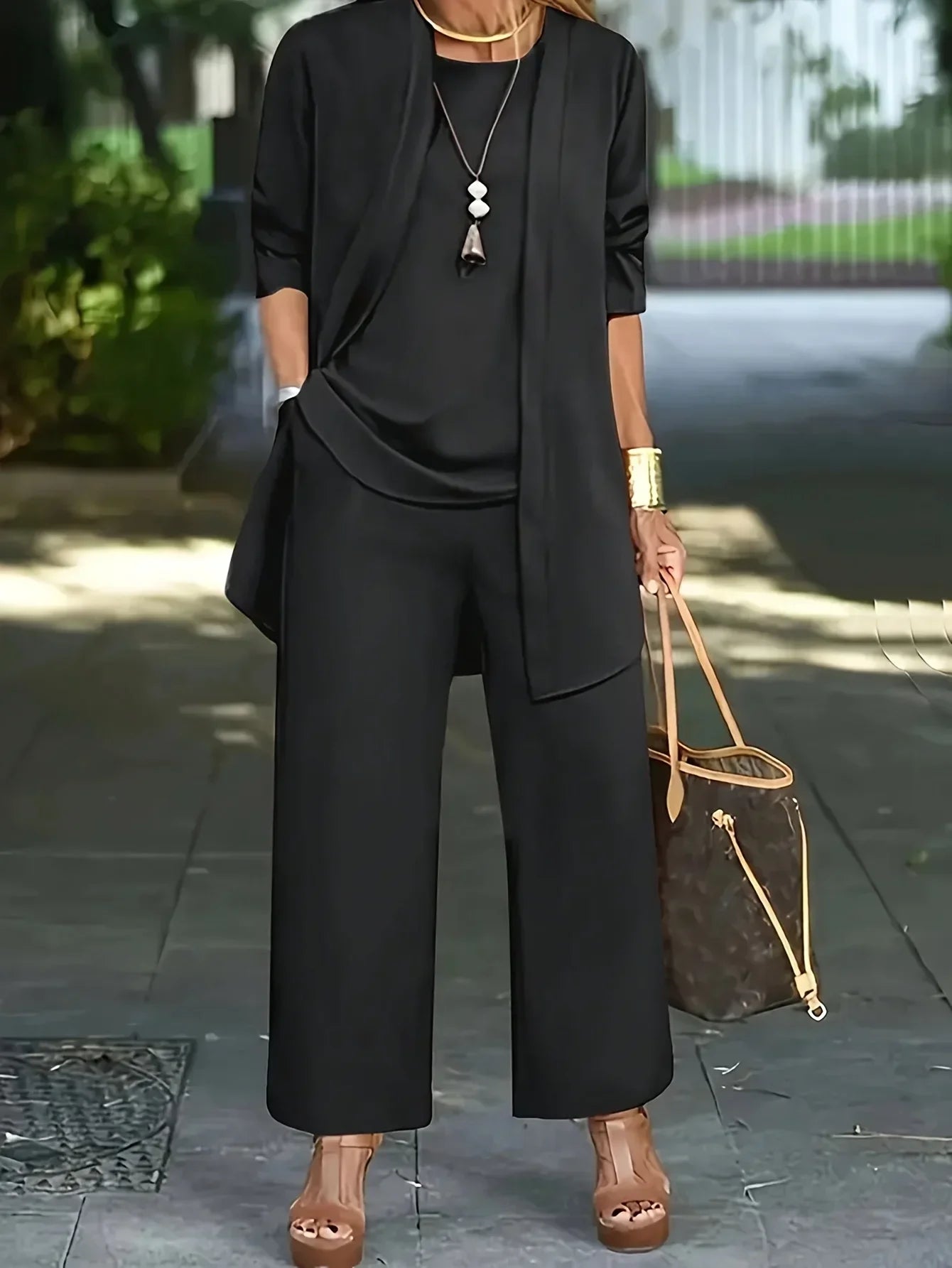 Women's Plus Size 1XL-5XL Fashion Three-Piece Outfit Set Ladies Casual Long Sleeve Cardigan Tank Top and Long Pants Outfits