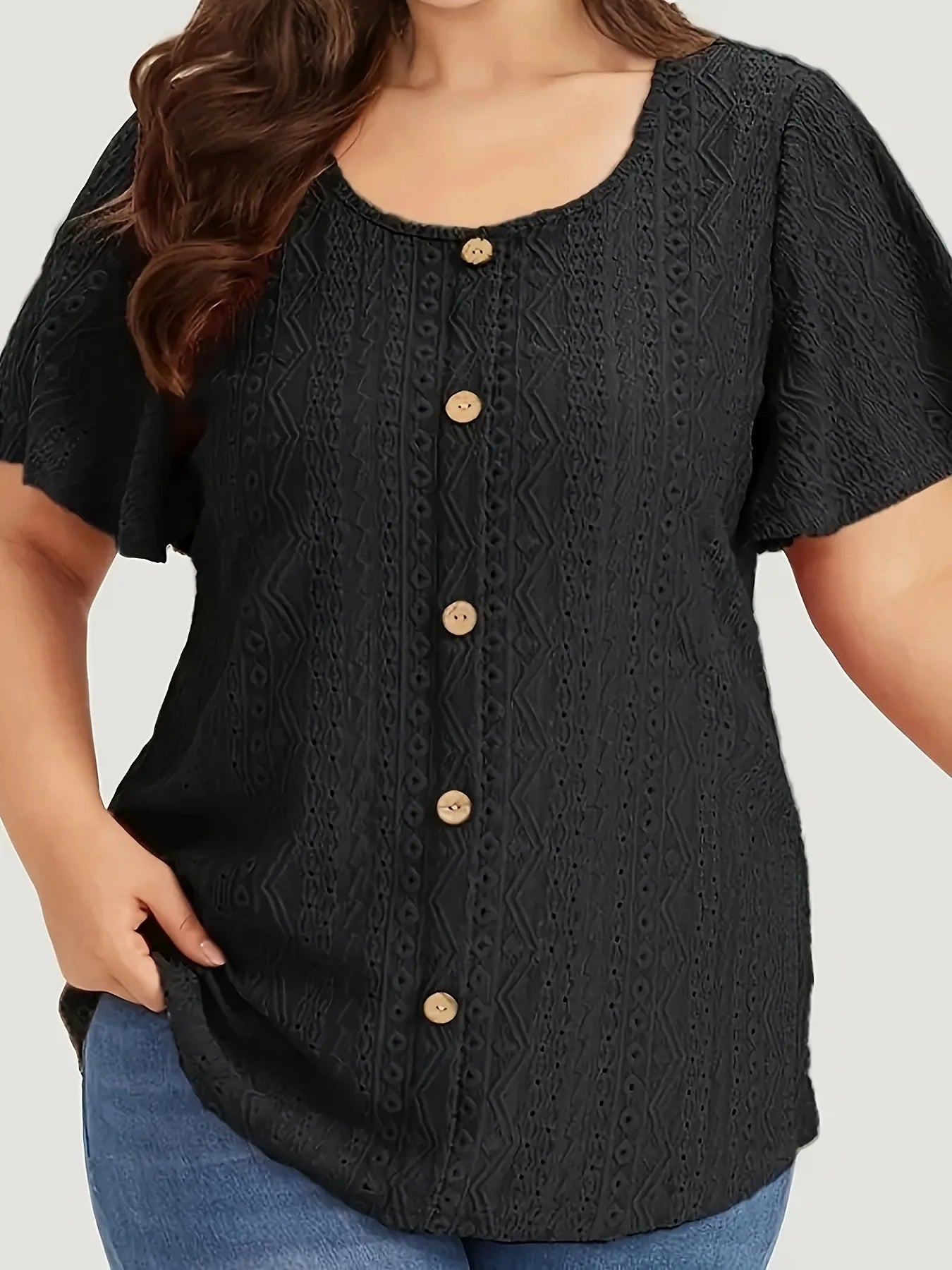 Plus Size Summer Women T Shirt Elegant Casual Solid Short Sleeve Shirts Ladies Hollow Loose Button Big Size Black White Tops 5XL