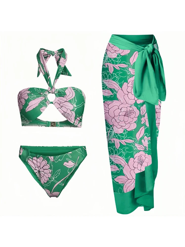 Two Pieces Set Woman Swimsuits 2025 Trend Printed One-piece Swimsuit Sexy Hollowed Out High Waisted Bikini for Beach Vacation