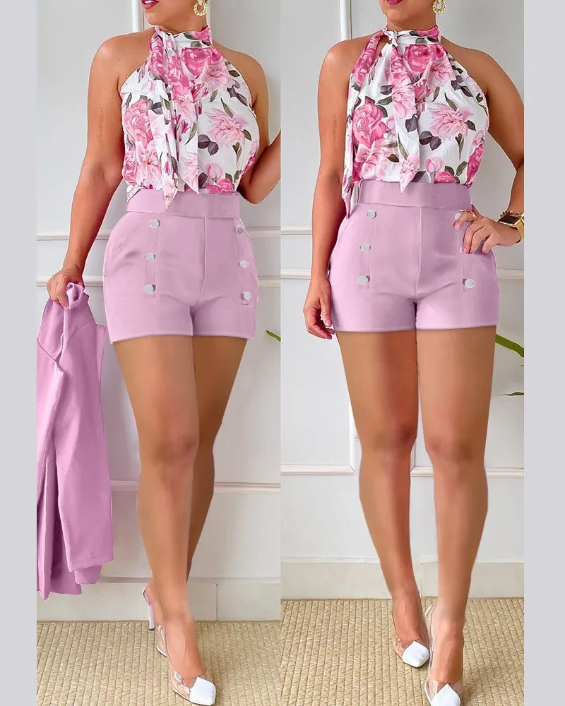 Button Top & Shorts With Belt 2 Piece Set