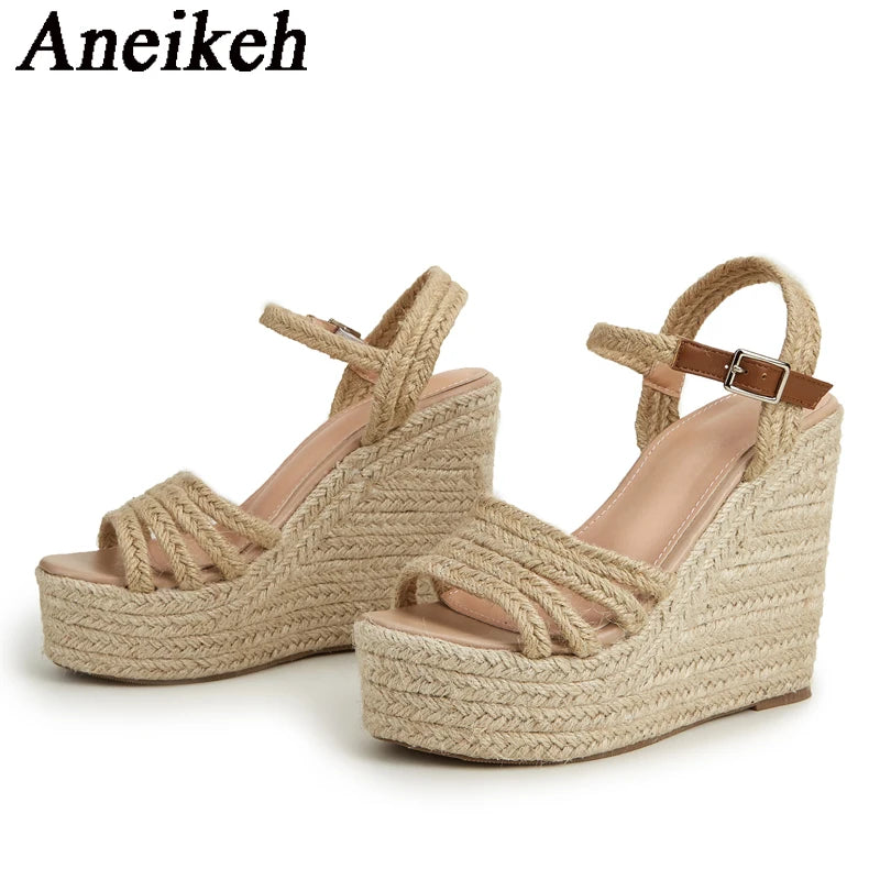 Aneikeh 2026 Platform Wedge Sandals Women's Summer Fashion Trend Narrow Band Braid Buckle Strap Gladiator Wedge Heel Shoes 36-43