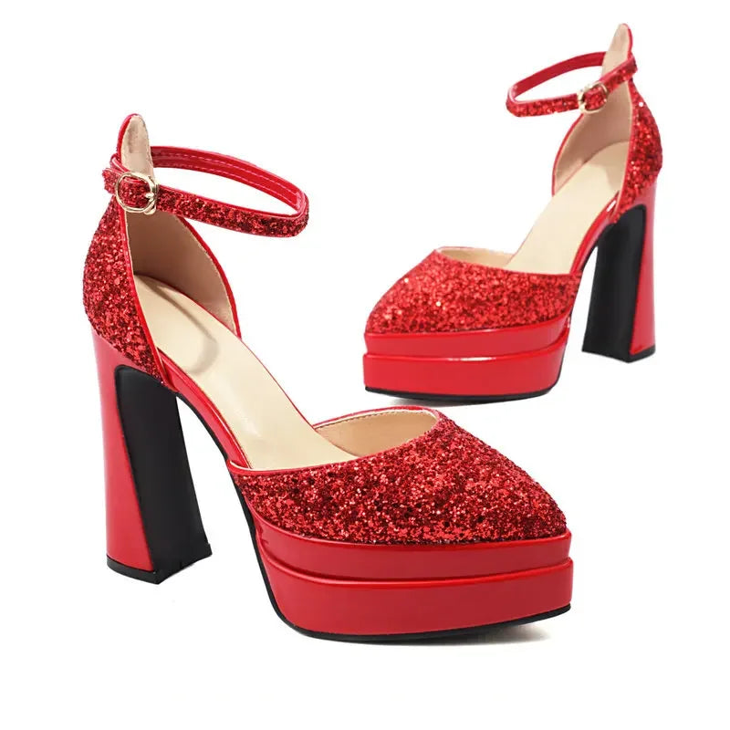 Sequins Glitter Bling Party Bride Shoes Shiny Golden Silver Pointed Toe Platform Mary Janes Summer Thick High Heels Sandals