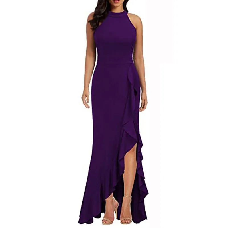 Women High Waist Plus Size Sleeveless Halter Maxi Dress Evening Dresses for Party Wedding