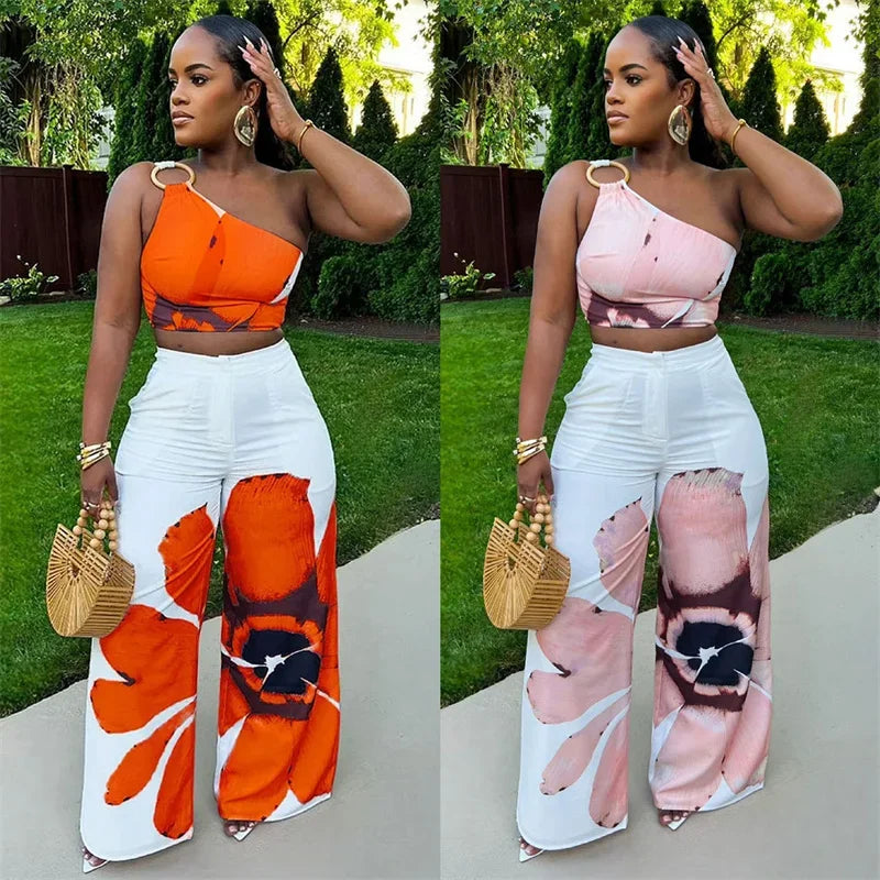 2 Piece Top and Loose Wide Leg Pants Set