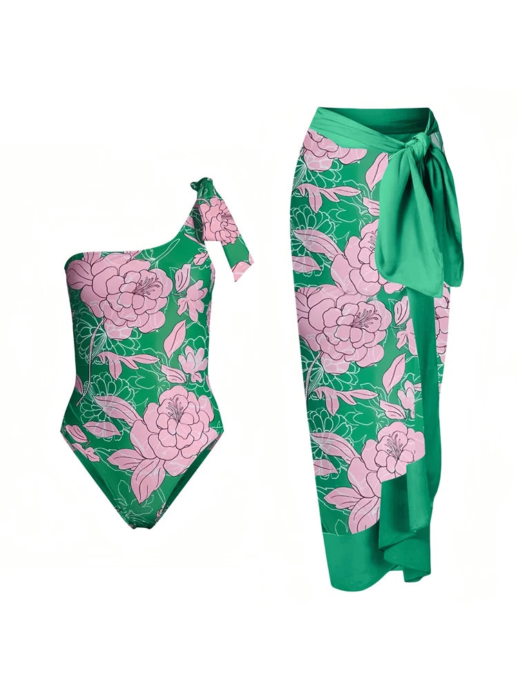Two Pieces Set Woman Swimsuits 2025 Trend Printed One-piece Swimsuit Sexy Hollowed Out High Waisted Bikini for Beach Vacation