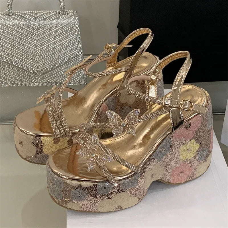Summer Bling Sequin Buckle Strap Wedges