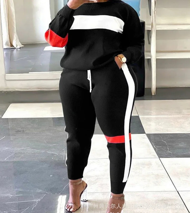 Women Two Piece Sets Print Pant Sets Long Sleeve Tops Plus Size Outfits Drawstring Y2k Trousers Sweatshirts Suits Work Spring
