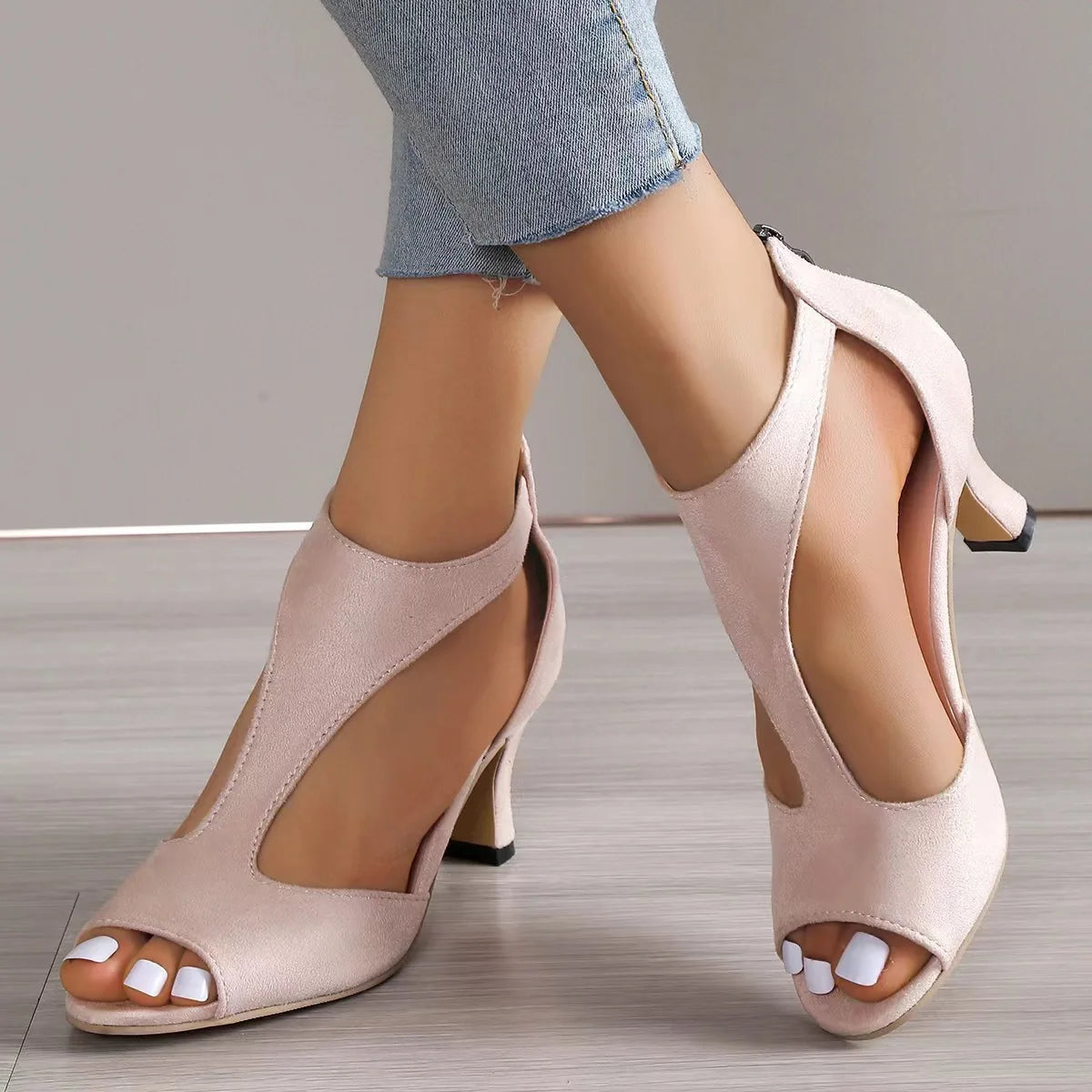 Zipper Back Chunky French High Heel