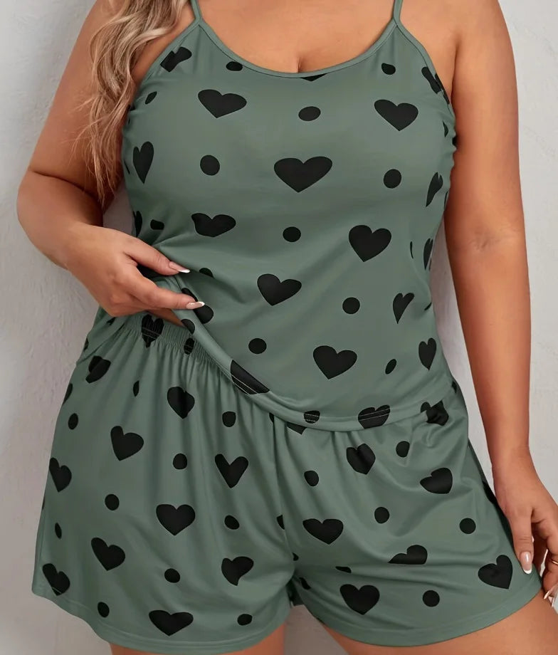 Sur plus size heart print women pajama set sleeveless XL XXL XXXL elastic waist shorts 2 pieces female sleepwear nightwear