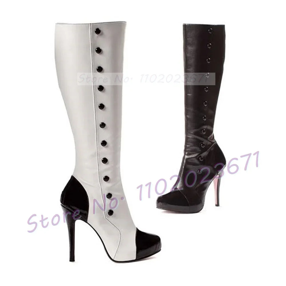 Two-tone Round Toe Platform Boots Women Side Buttons Trim High Heels Shoes Ladies Side-zip Casual Fashion Winter Knee High Boots