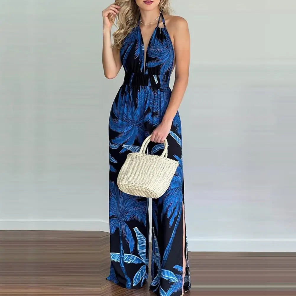Sexy Sleeveless Halter Jumpsuit Women 2022 Summer Romper Floral Print Wide Leg Long Pants for Women Jumpsuits комбинезон женский