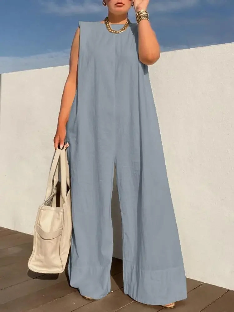 UOOZEE Women's Wide Leg Jumpsuits Female 2025 New Summer Fashion Sleeveless Solid Color Loose Casual Going Out Jump Suits