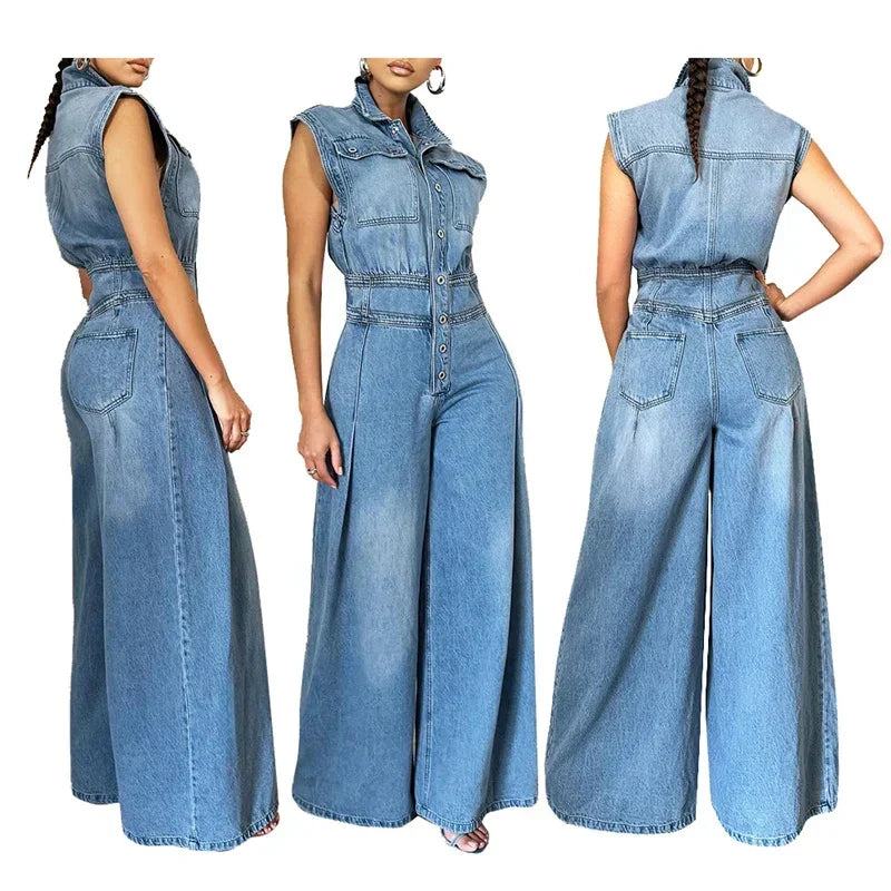 Streetwear Denim Jumpsuit Women Jean Overalls Sleeveless Elegant Turn-Down Collar Single Breasted Vintage One Pieces Rompers